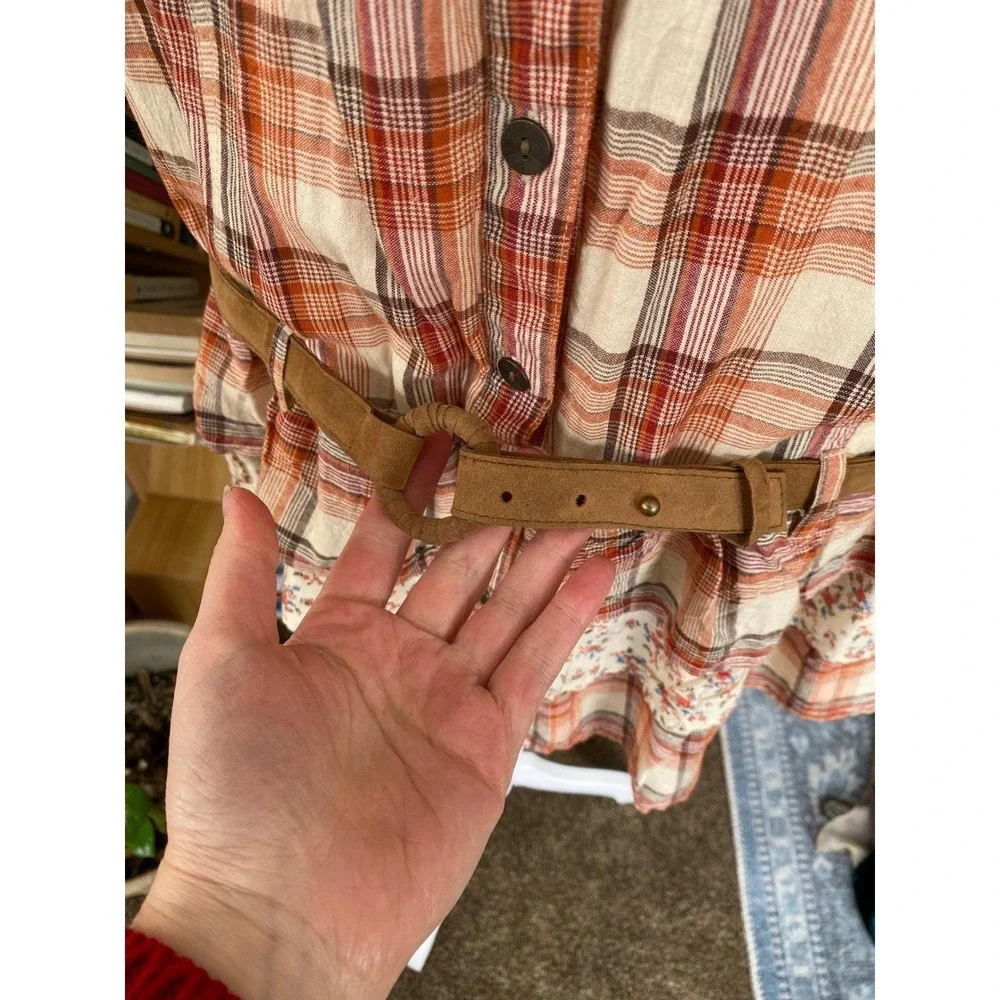 Y2K Plaid Floral Ruffle Belt Orange Mini Dress Cotton‎ Large Western Fem Cowgirl